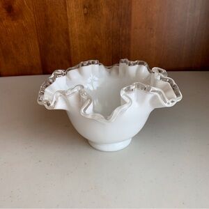 Vintage Fenton Silver Crest 6.75”Inch Milk Glass Ruffled Edge Bowl Signed